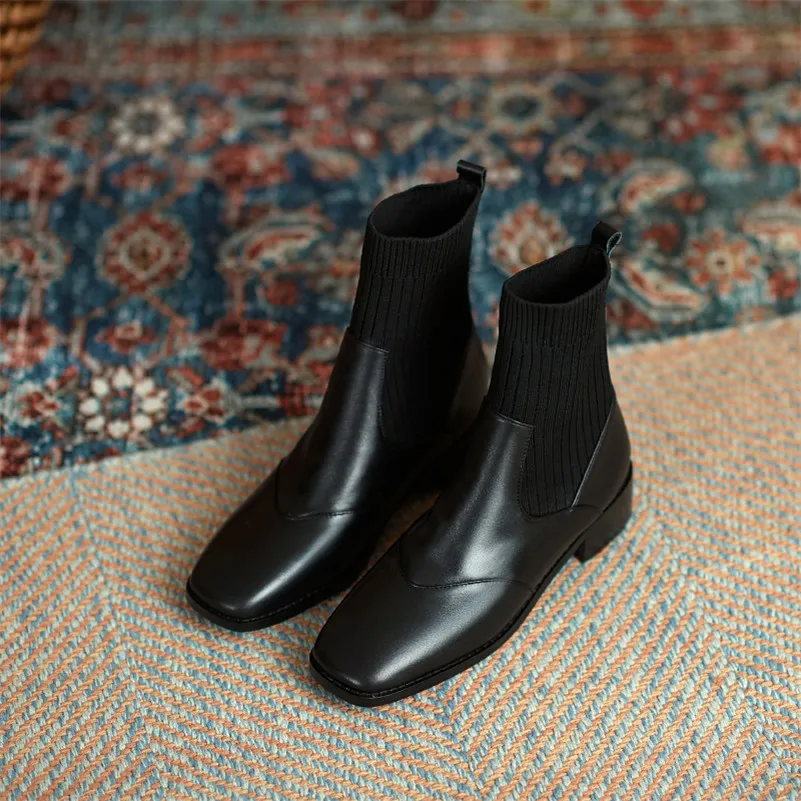 

Meotina Real Leather Mid Heel Short Boots Women Square Toe Stretch Boots Shoes Slip On Chunky Heels Ankle Boots Autumn Winter 42