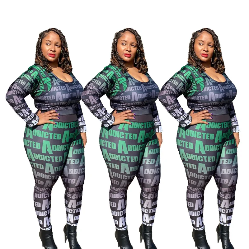 

Large Size Women's Long Sleeve Leisure Sport Printing Letters Xl-5xl Two-piece Set Fall Clothe Lounge Wear Monogram Tracksuits