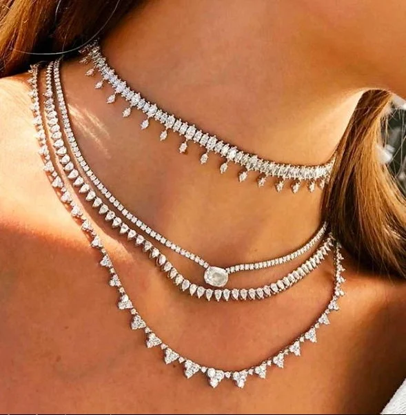 2021 Gold Silver Color Delicate Iced Out Sparking Bling White CZ Heart Link Chain Necklace For Girl Women Choker Fashion Jewelry | Украшения