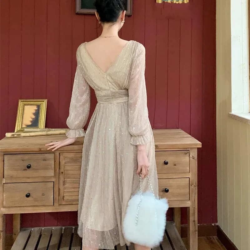 

Korean Style V-Neck Long Sleeve Flare Sleeve Vintage Elegant Dress Office Lady Spliced Pullover Fashion Casual A-Line Dress
