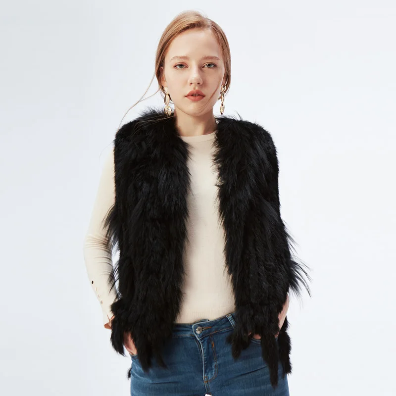 Жилет из натурального кроличьего меха с воротником енота вечерние куртки