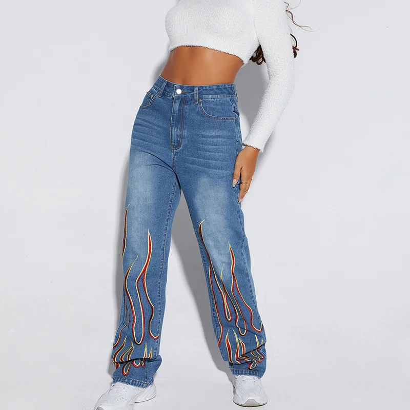 

Trendy Denim Trousers Women's New Fashionable Slimming Printed Personality Jeans Casual High Waist Blue Straight Pants Cowgirl
