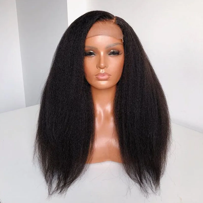 Kinky Straight Lace Front Human Hair Wigs For Black Women 250 Density 360 Lace Frontal Wig Italian Yaki Fake Scalp Indian Remy