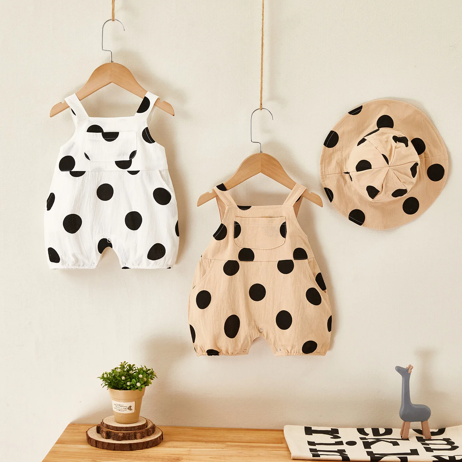 

2021 Summer New Toddler Baby Boy Girl Fashion Polka Dot Suspender Romper Kid Girls Cotton Cute Costume With Fisherman Hat
