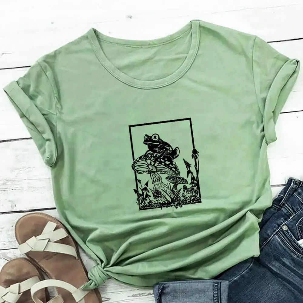

Mushroon And Frog Print 100%Cotton Women Tshirt Unisex Nature Funny Summer Casual Short Sleeve Top Eco Life Tee Vegan Shirt