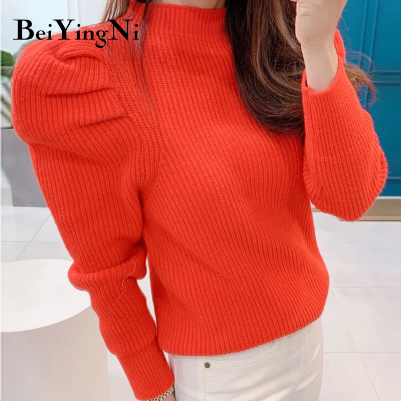 

Beiyingni Autumn Winter New Fashion Women Knit Sweater Wool Puff Sleeve Comfortable Korean Sweaters Female Pullover Solid Color