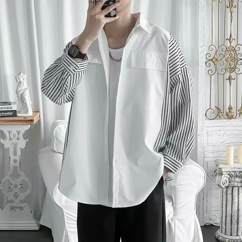 

Shirts Men Autumn Striped printed stitching design long-sleeved shirt Coats man Handsome Loose wild casual oversize man clothes
