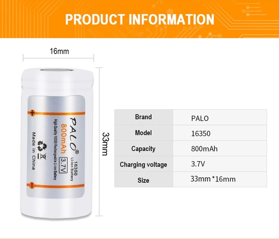 800mAh 16340 / 16350 3.7v li-ion rechargeable battery 3.7 volt lithium li ion liion batteries