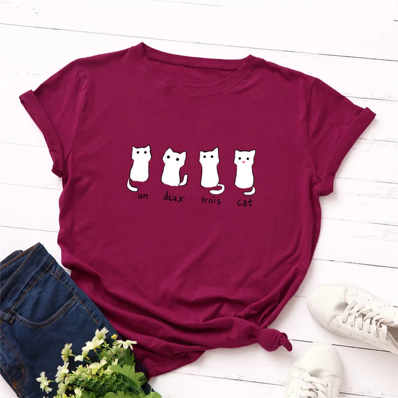 

Lovely Four Cat Letter Print T Shirt Women 100% Cotton O Neck Short Sleeve Summer T-Shirt Tops Pink T Shirts Plus Size S-5XL New