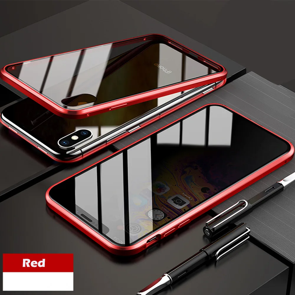 Красный Магнитный чехол для iPhone X XS MAX XR 7 8 Plus адсорбционный металлический чехол для мобильного телефона защитный чехол из закаленного стекла - Цвет: Красный