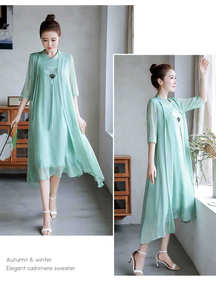 Весна Осень улучшенный Cheongsam 2 шт платье и кардиган свободные большие размеры шифоновые платья милые кисточкой винтажное женское платье