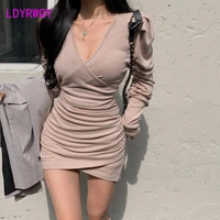 spring and autumn new style temperament v collar bubble sleeve accepts waist drape wraps buttock base dress