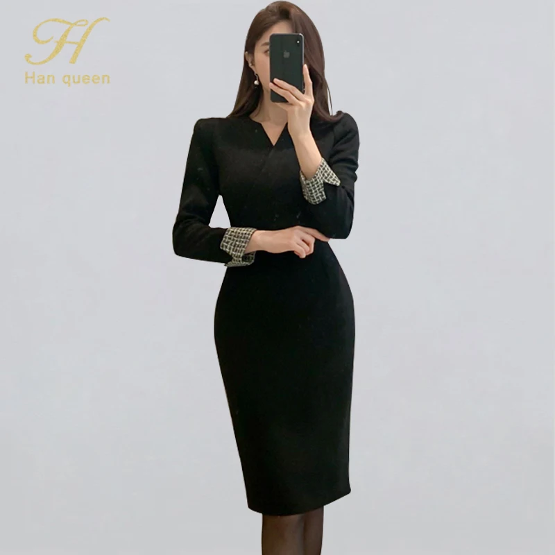Женское офисное платье туника H Han Queen черное облегающее карандаш в корейском
