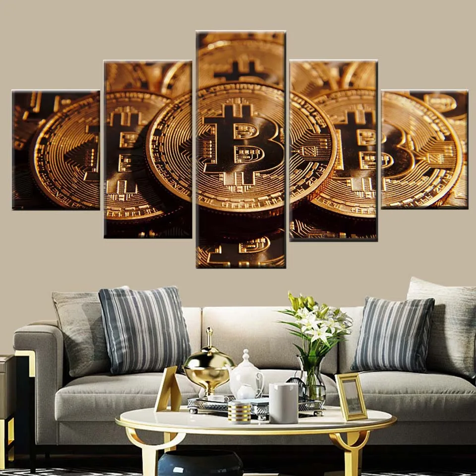 Buy Nordic wall art deco 5 pieces bitcoin coin money painting on canvas print type picture home decoration poster artwork frame