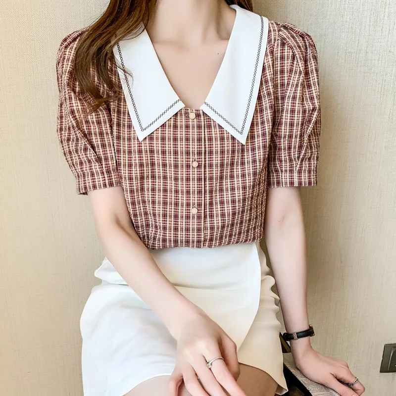 

2021 новые летние шифоновое в Корейском стиле рубашка с буфами на рукавах, рубашка в клетку с короткими рукавами для женщин топ, футболка чувс...