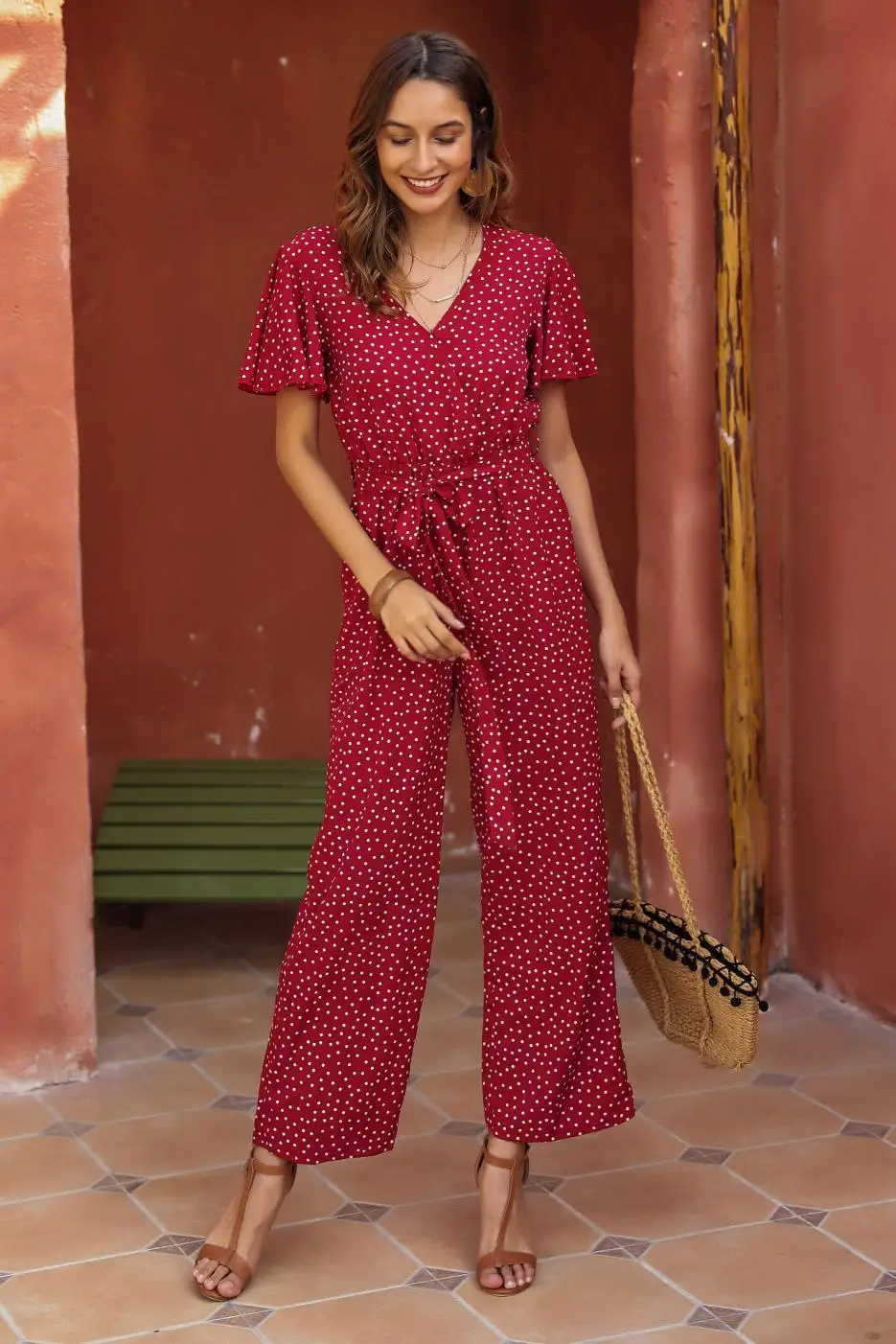 2020 European and American women's summer Jumpsuit short sleeve V-neck wide leg pants Jumpsuit