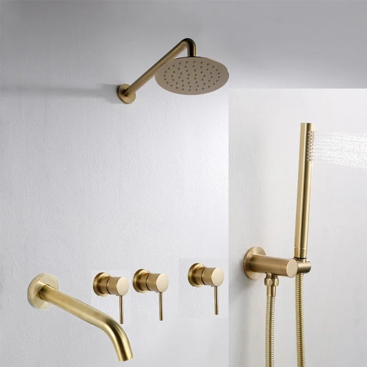 F gold MTTUZK Матовый кран для ванны из розового золота с ручными спреями, смеситель для горячей и холодной воды, набор матового розового золота, настенный смеситель для ванны и душа - Цвет: F gold