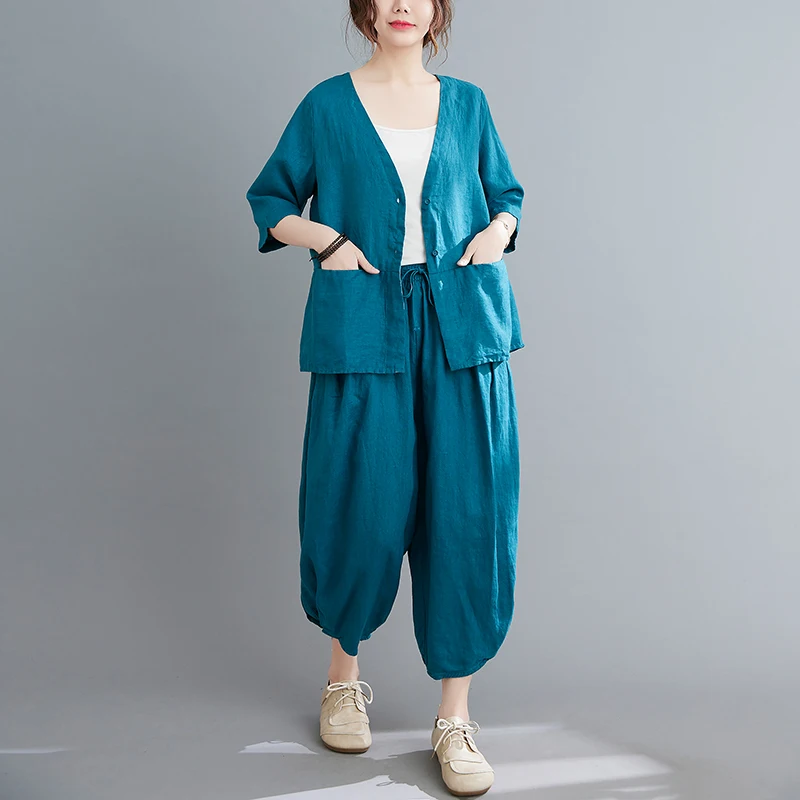 

IEQJ Blue Big Size Solid Color V-neck Shirt + Casual Cropped Pants Two Pieces Suit New Loose Women Fashion Summer 2021 3F0435