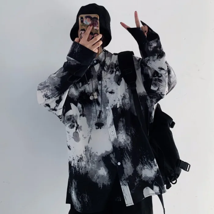 

ZCSMLL Spring Autumn Korean ins Harajuku style street retro tie-dye printing loose casual long-sleeved shirt for men and women