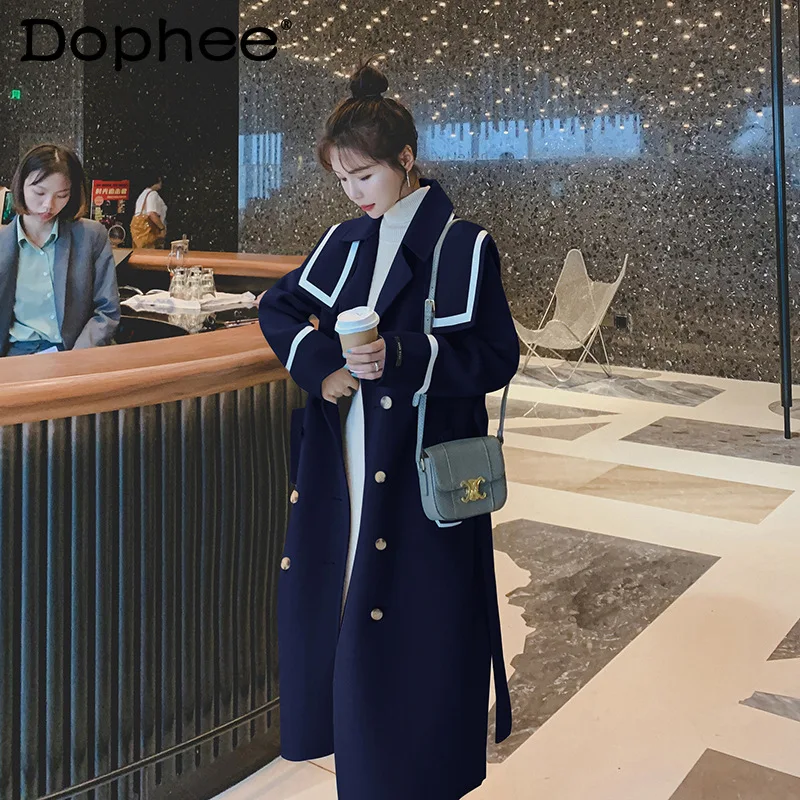 

High Quality Temperament Thicken Woolen Coat Women Sailor Collar Double Breasted Black Tweed Coat Outerwear 2021 Winter Clothes