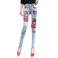 cartoon embroidery jeans stretch skinny pencil pant hole high waist casual ladies cowboy trousers