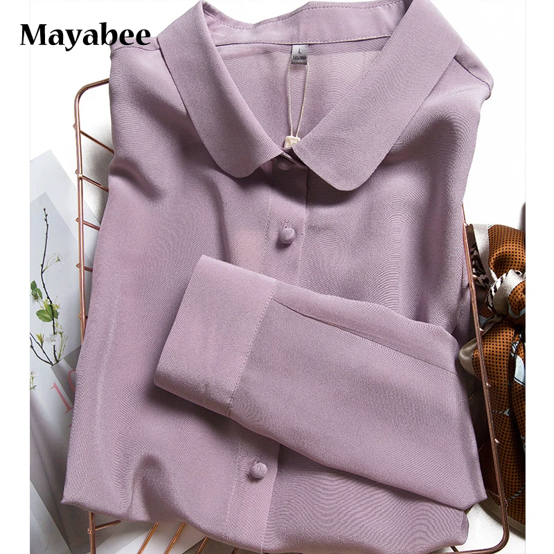 Purple Real Silk Shirt Female Design Sense Light Mature Temperament Long-Sleeved Blouse 2021 Spring Autumn New Women's Clothing