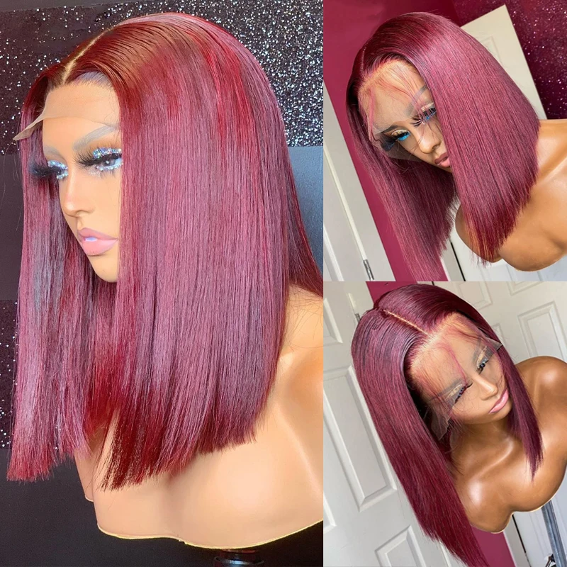 

Middle Part 99j Short Cut Bob Lace Frontal Wig Synthetic hair For Black Women Preplucked Glueless Silky Straight Burgundy Daily
