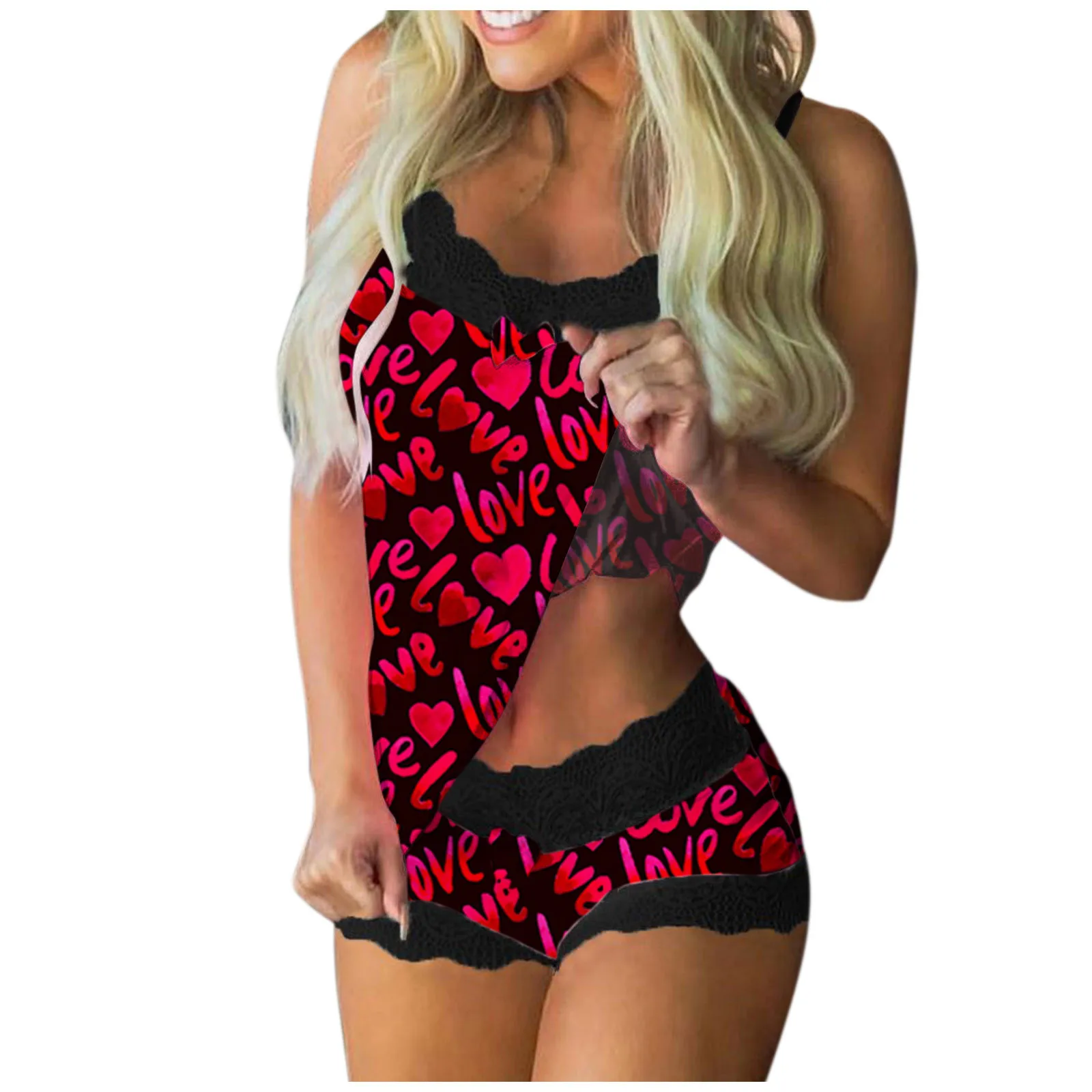 

Valentine's Day Lingerie For Women Print Pajamas Sleeveless Sexy Lace Cami Shorts Sleepwear Set Multicolor Summer Charming Night