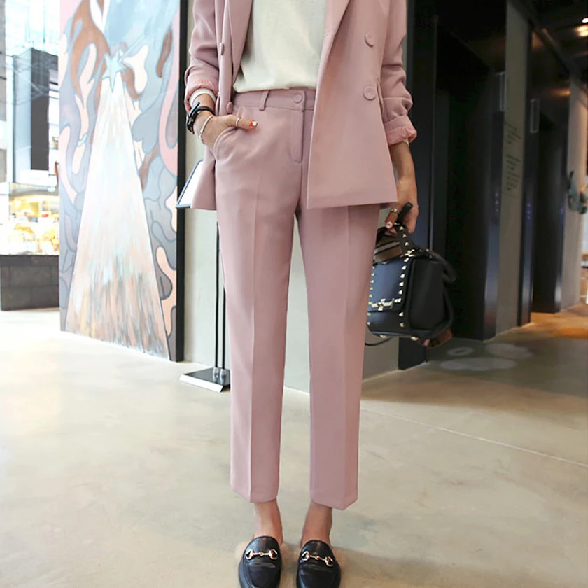 

New Women Pant Suit Pink Solid Double Breasted Blazer High Waist Pants Elegant Office Lady Basic Suit Casual 2 Piece Set