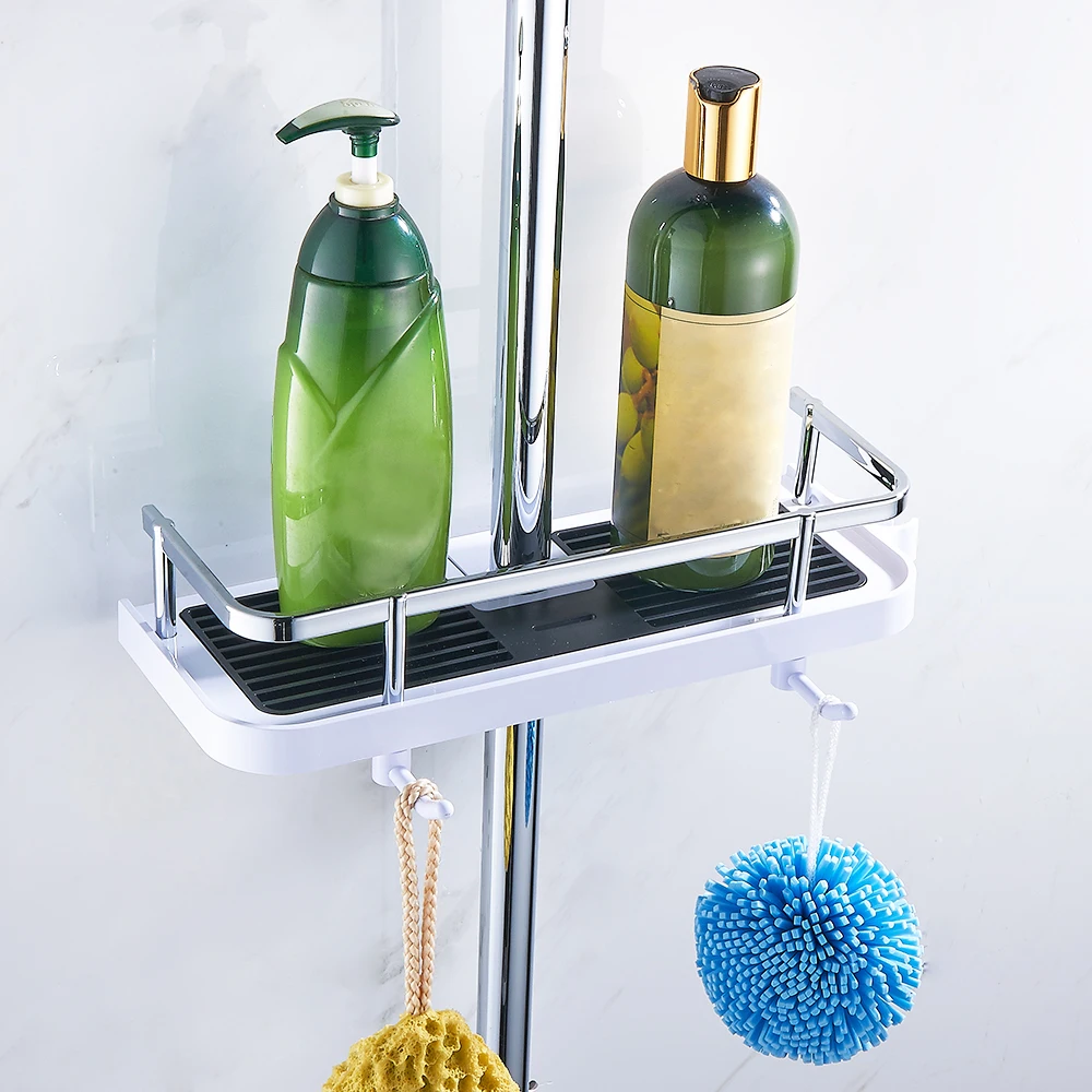 

Shower Storage Rack Organizer Bathroom Pole Shelves Shampoo Tray Stand Single Tier No Drilling Lifting Rod Shower Head Holder