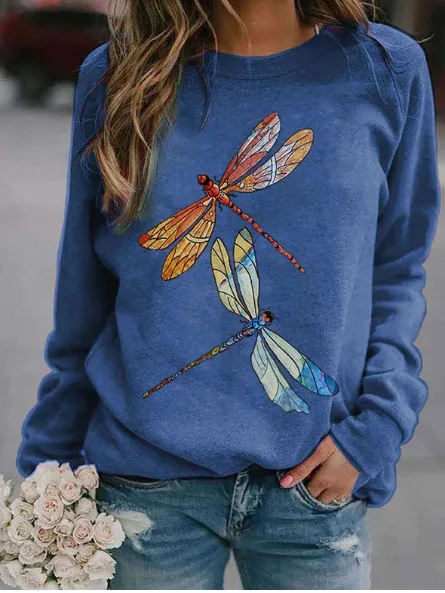 

2020 Sweatshirt Autumn New Women Dragonfly Pullover Printing Round Neck Top Fasion Hot Slim