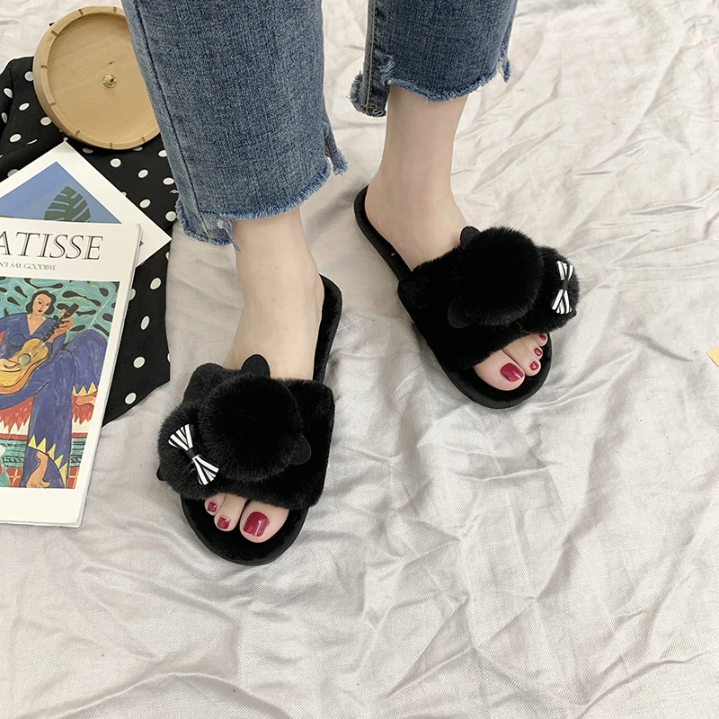 2021 New Winter Home Slippers Women Warm Cotton Lovely Fabric Slipper Indoor Mute Non-slip Bear Ears Flat Women Shoes Fur Slides