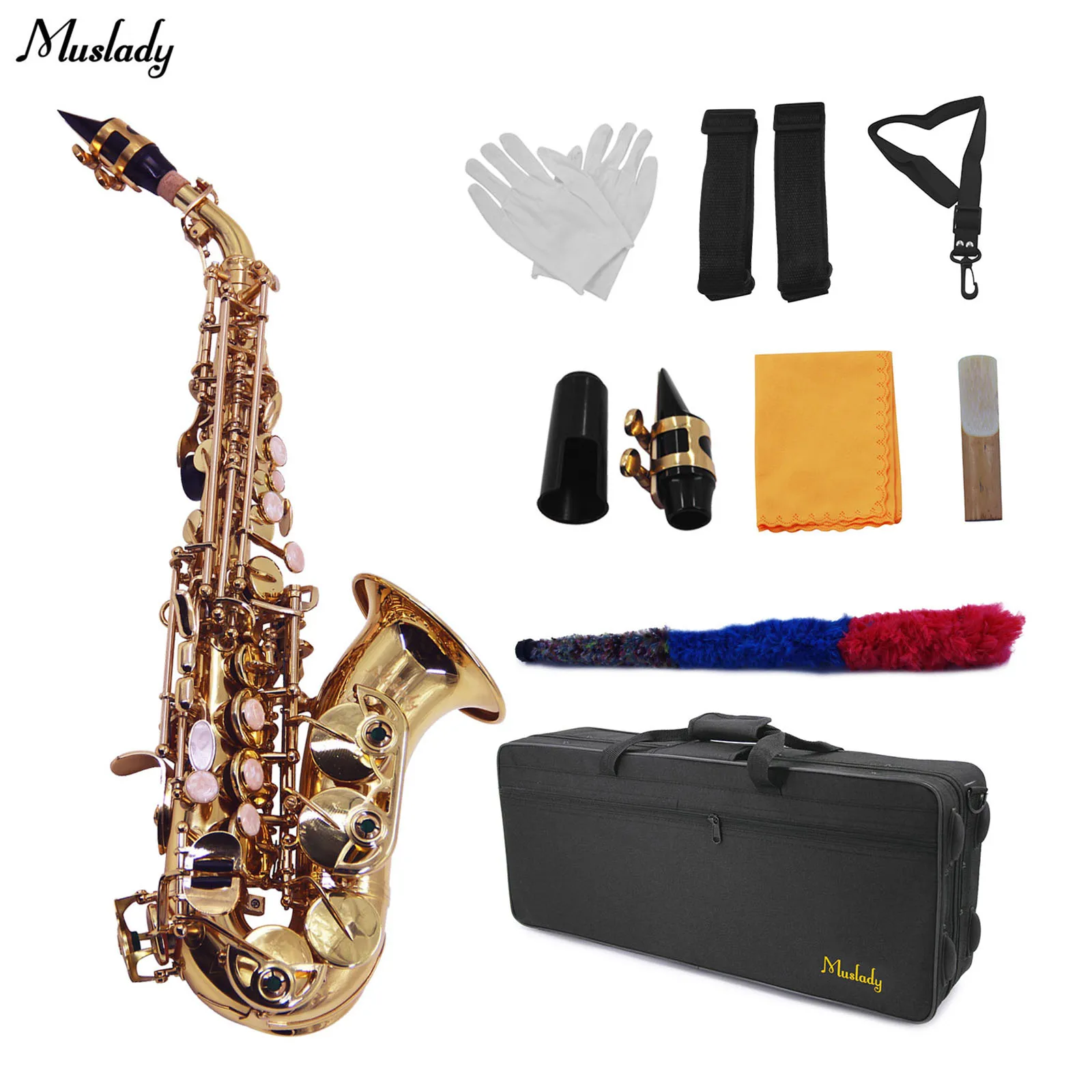 

Muslady Bend Bb Soprano Saxophone Kit Brass Sax set with Carrying Case Sax Reeds Cleaning Brush Cloth Gloves Straps