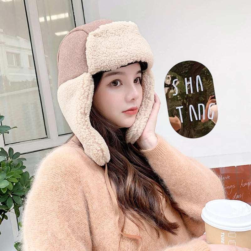 

Women Warm Earmuffs Thicken Ear-flapped Hat Winter Cashmere Plush Cotton Hat Cat Ears Cap Winter Russian Bomber Hat