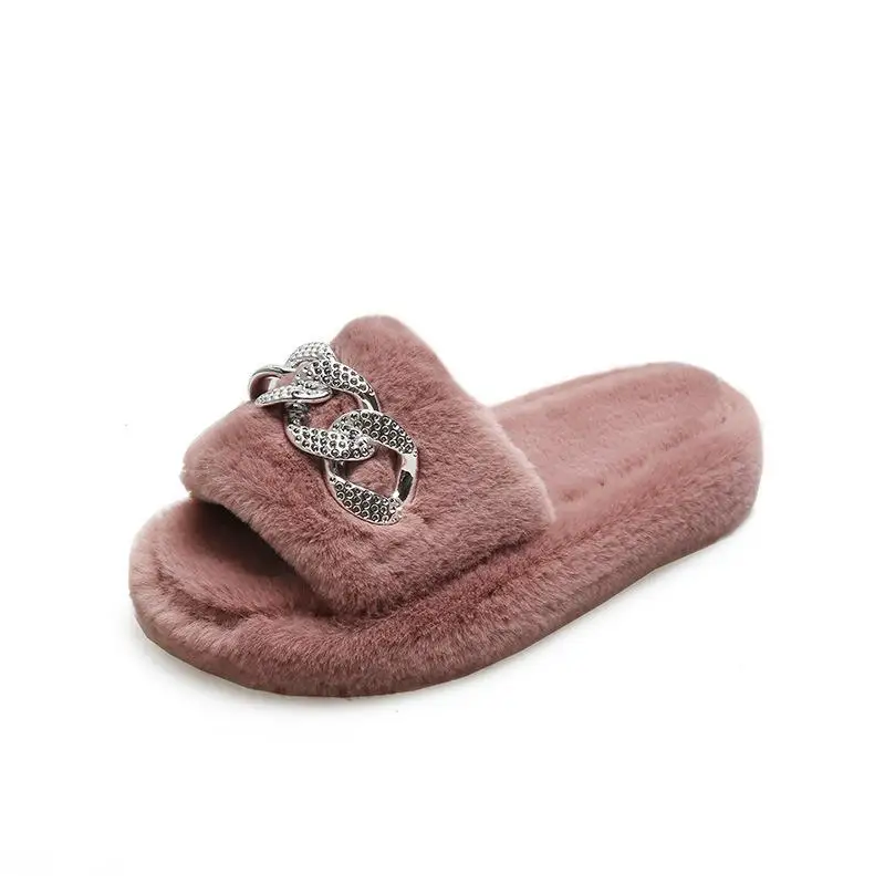 

EPHER Fur Slippers Winter Warm Slides Chain Rhinestone Fluffy Slip on Footwear