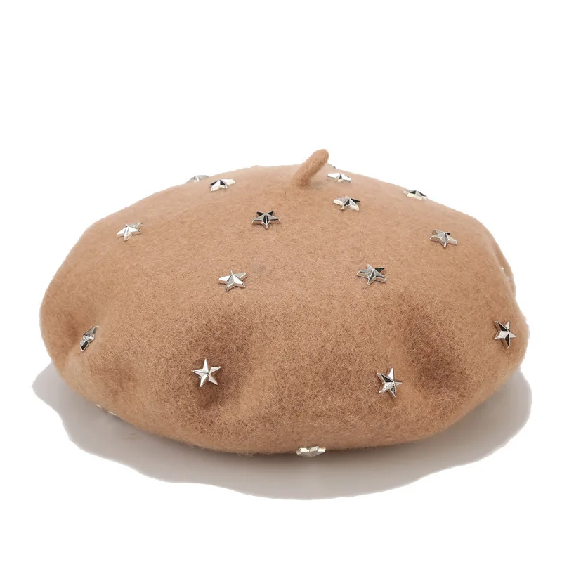 Women Girl Star Rivet Wool Beret American European Style Cool Winter Cap Solid Color Beret Painting Artist Hat