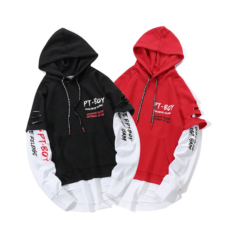 

Hip Hop Hooded Men Hoodies Sweatshirts Letter Streetwear Hoody Men Casual Male Pullover Patchwork Hoodies Hole Fake Two Piece