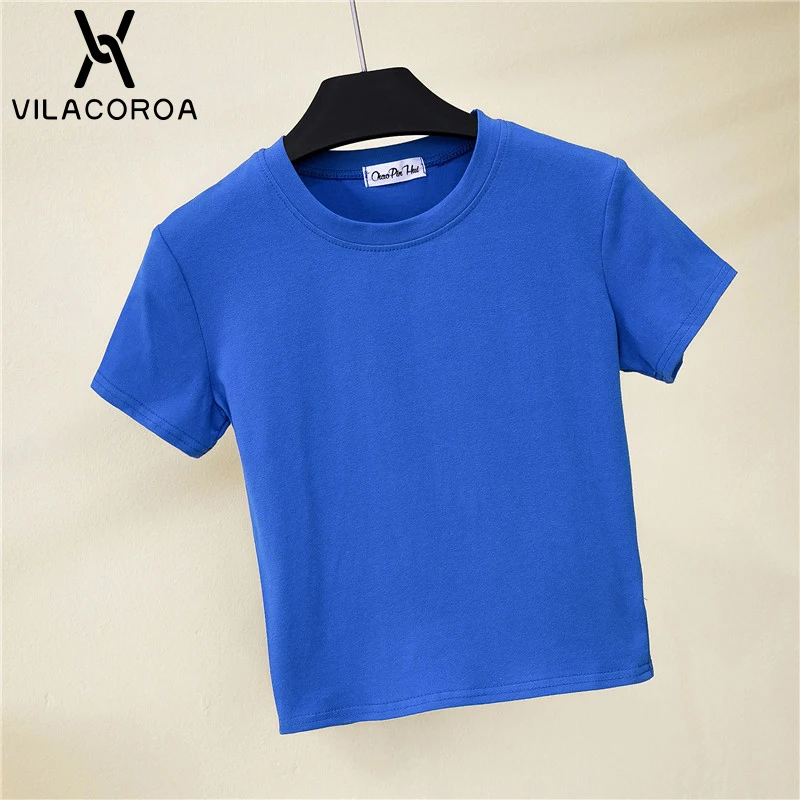 

Crop Top T-Shirt Female Solid Cotton O-Neck Short Sleeve T-shirts for Women High Waist Slim Short Sport Blanc Femme T-Shirt