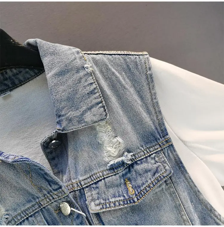 

False Two-Piece Patchwork Hole Denim Coat for Women Trendy 2021 Spring New Jeans Jacket Loose Slimming Long Sleeves Spliced Top