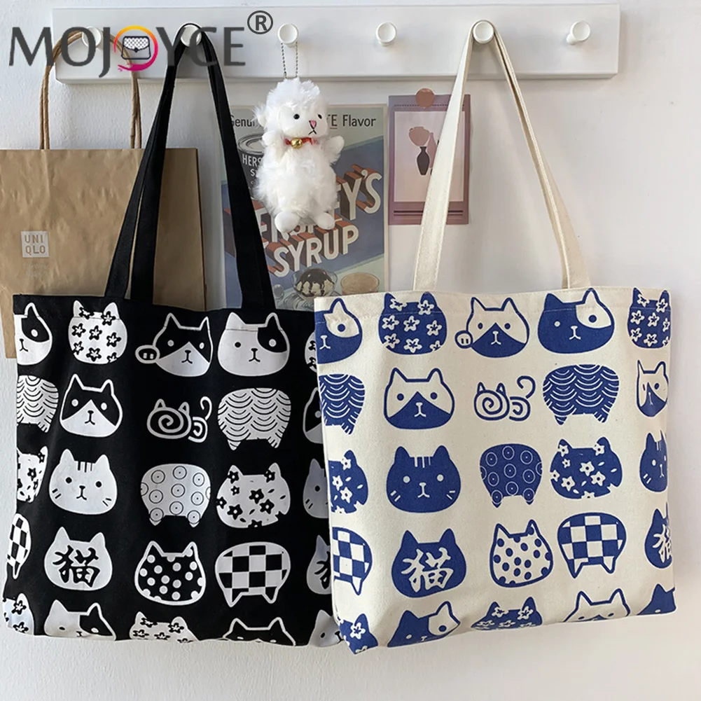 

Casual Women Cartoon Cat Printing Shoulder Tote Bag Fashion Canvas Large Capacity Shopping Handbags Portable Travel Pouch