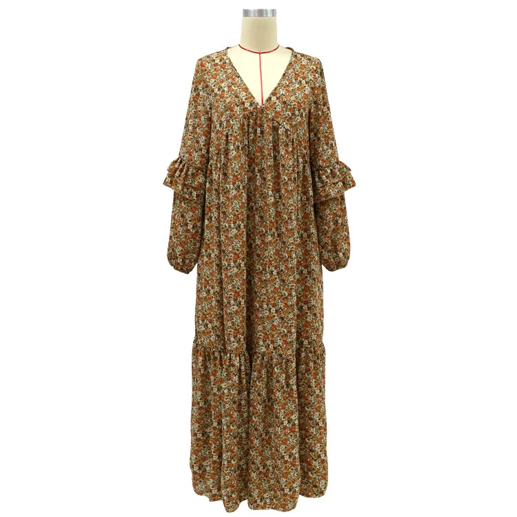 

Foridol Floral Print Boho Long Maxi Dress Women V Neck Ruffle Vintage Casual Basic Winter Dresses 2020 Loose Dress