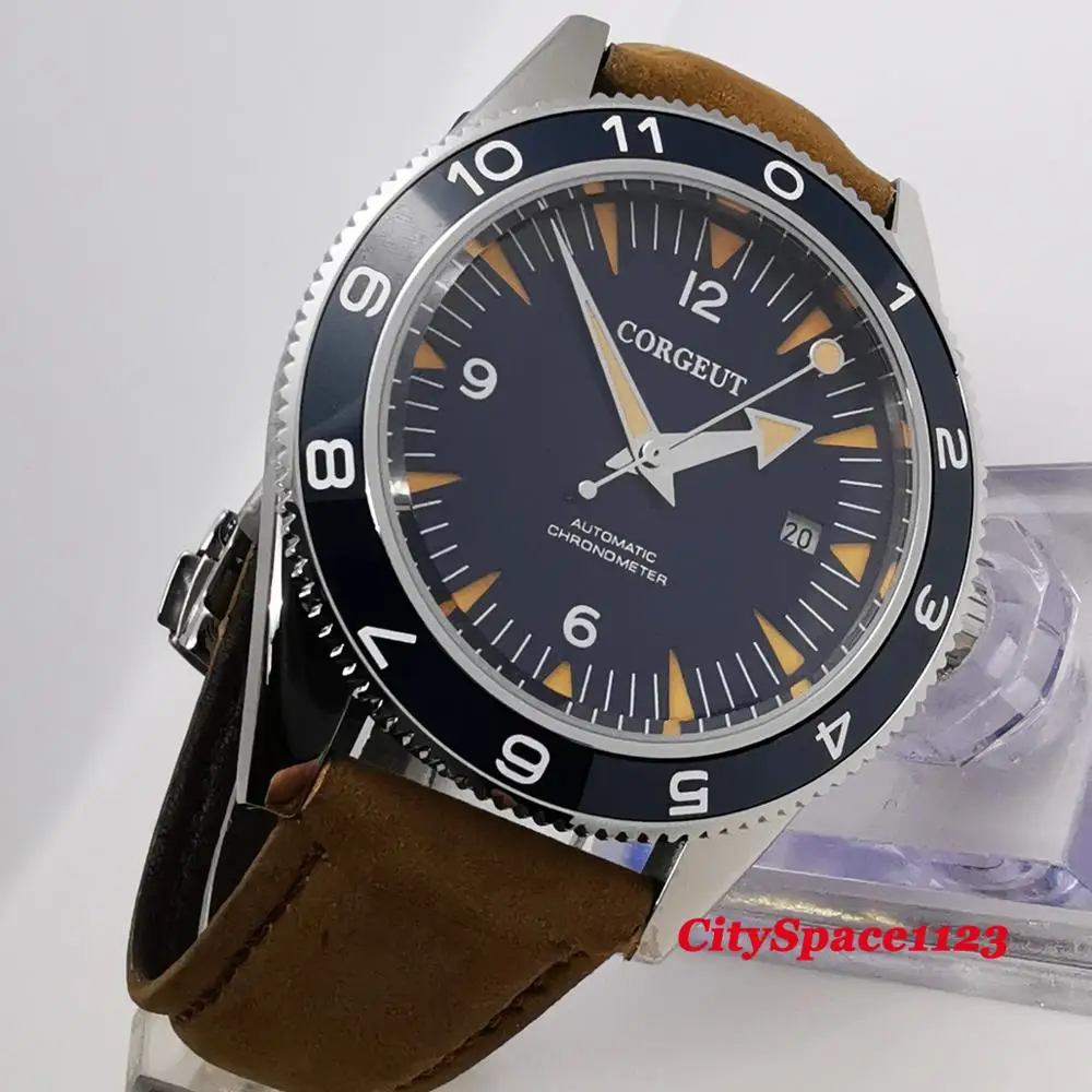 Мужские механические водонепроницаемые часы с календарем и синим циферблатом 41