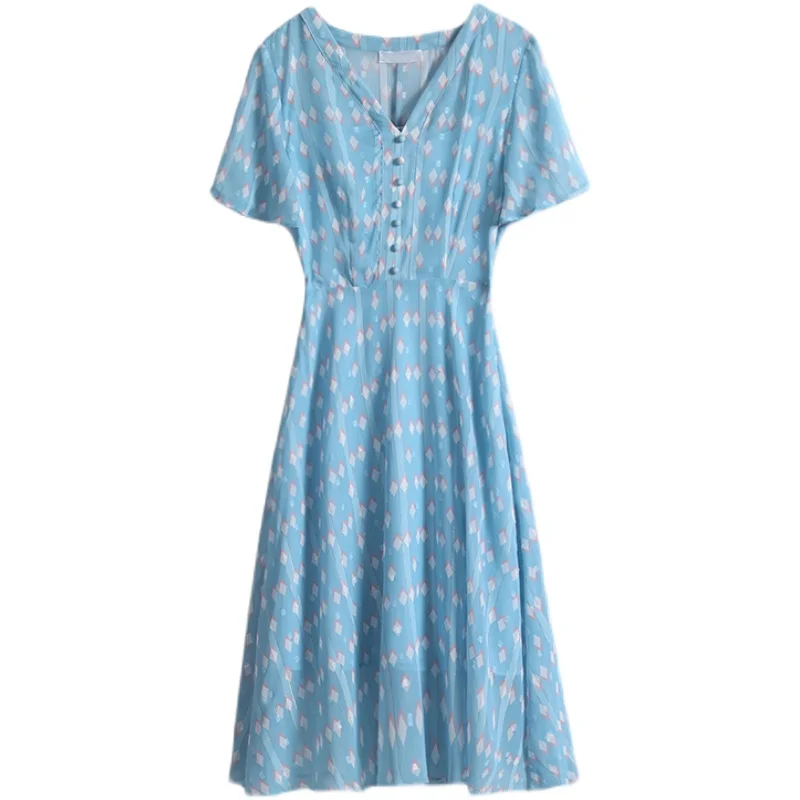 

Women Midi Bright Silk Blue Dress Summer 2021 Runway Elegant Vintage Korean Retro Fairy Casual Sea Beach Vacation Party Vestidos