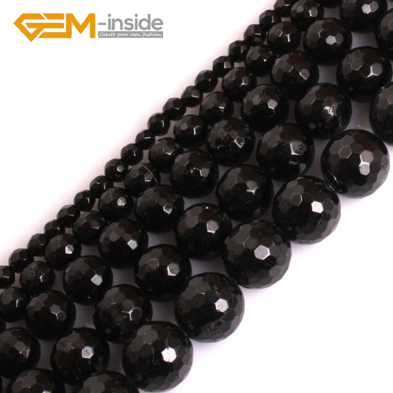 

AAA Grade Genuine Natural Round Faceted 4mm-12mm Black Tourmaline Precious Stone Beads for Jewelry Making Strand 15'' DIY