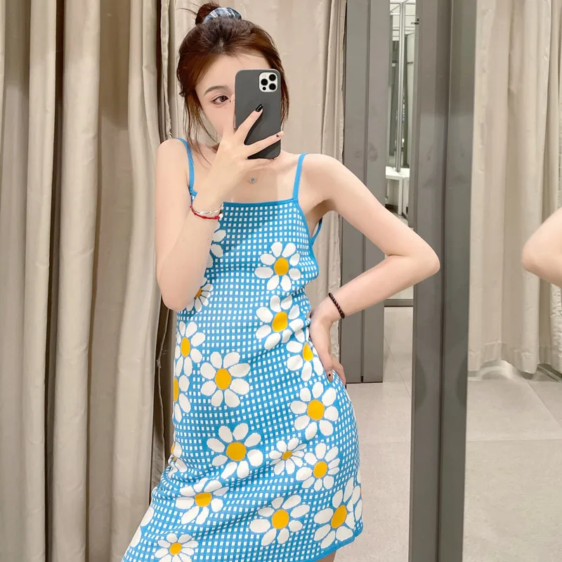 

ZA Summer New Small Daisy Print Backless Halter Jacquard Dress 024880