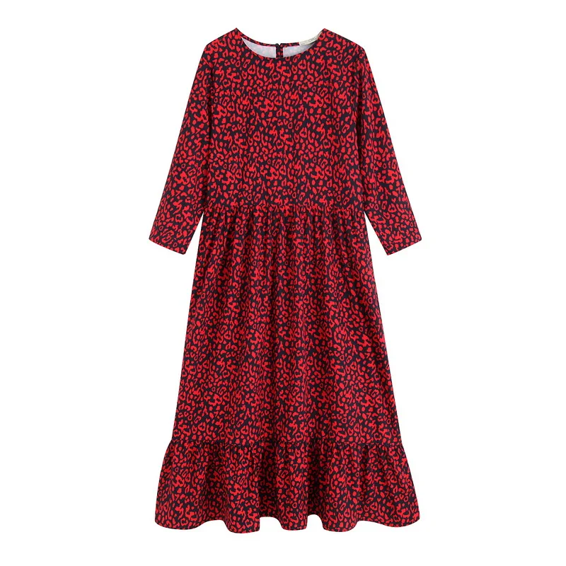 Женское винтажное платье макси красное с леопардовым принтом и длинным рукавом