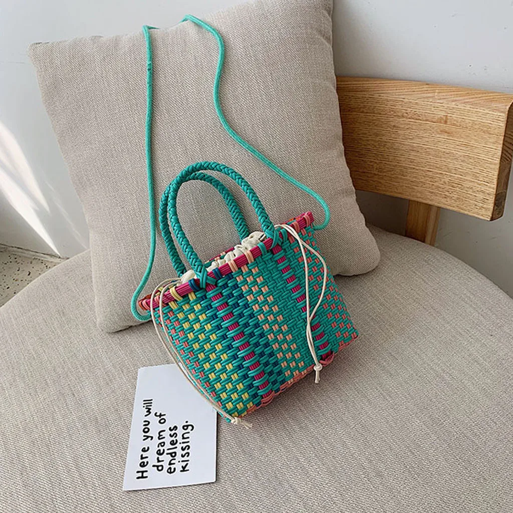 Женская плетеная пляжная сумка корзина для покупок полосатая ручная вязаная