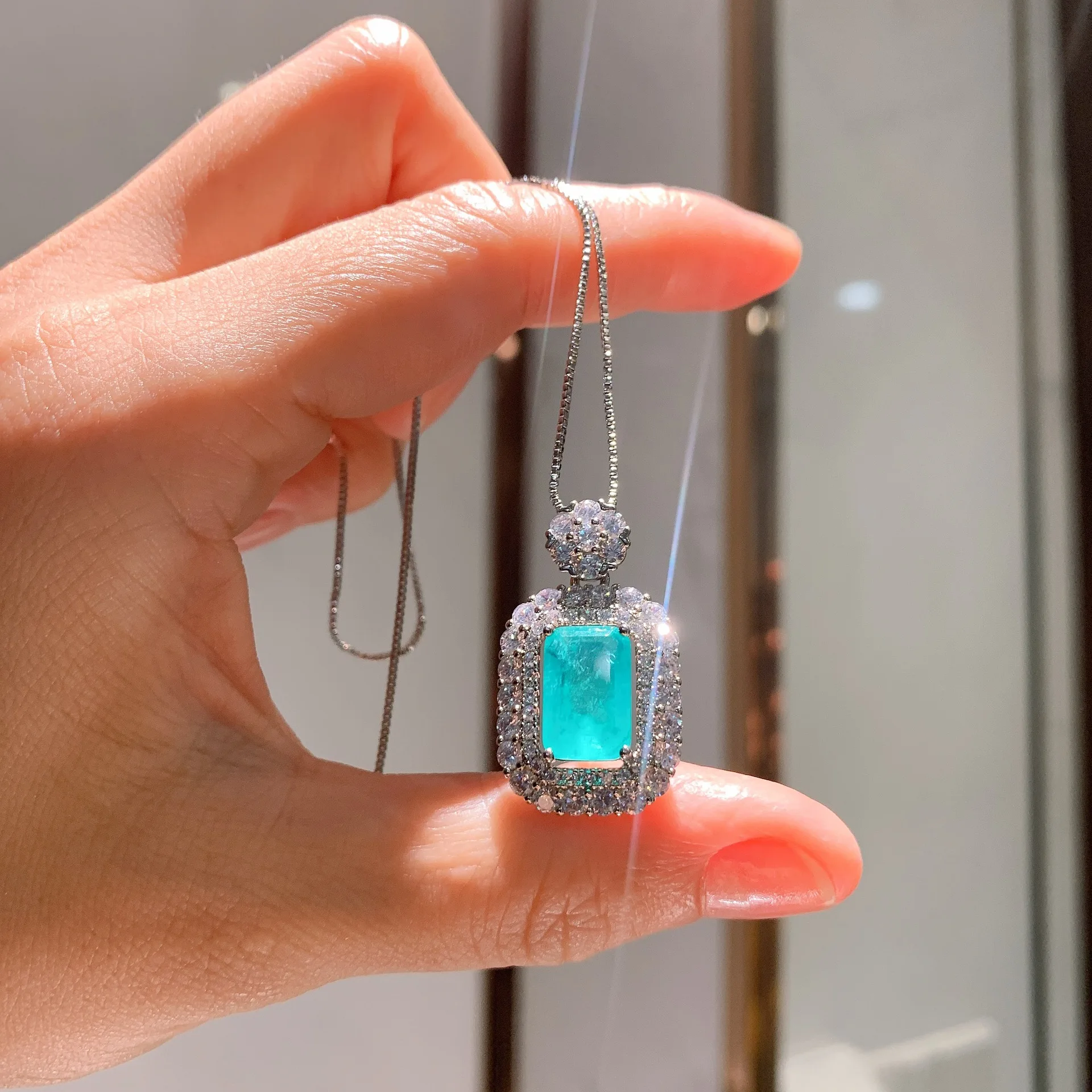 

Funmode Charm Blue Geometric Cubic Zircon Pendientes Necklace For Women Wedding Party Jewelry Box Chain Necklace Wholesale FN56