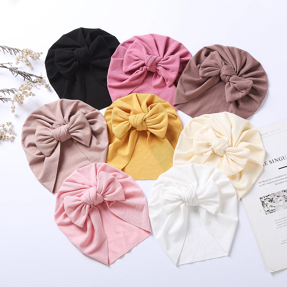Turbante acanalado liso para beb&eacute;, sombrero reci&eacute;n nacido, diadema para ni&ntilde;o y ni&ntilde;a, regalo de cumplea&ntilde;os infantil, accesorios para el cabello con lazo de moda, 8 Uds. Por lote-0