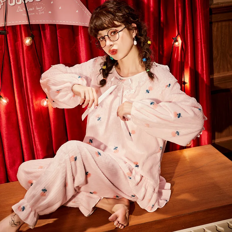

Autumn Winter Cute Sweet Lace Flannel Pajamas Women Long Sleeve Sleep Tops 2 Piece Set Lounge Wear Kawaii Pajamas for Teen Girls